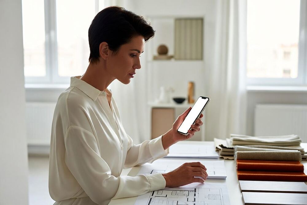 Une architecte d'intérieur consulte son téléphone à son bureau, devant des plans et des échantillons.