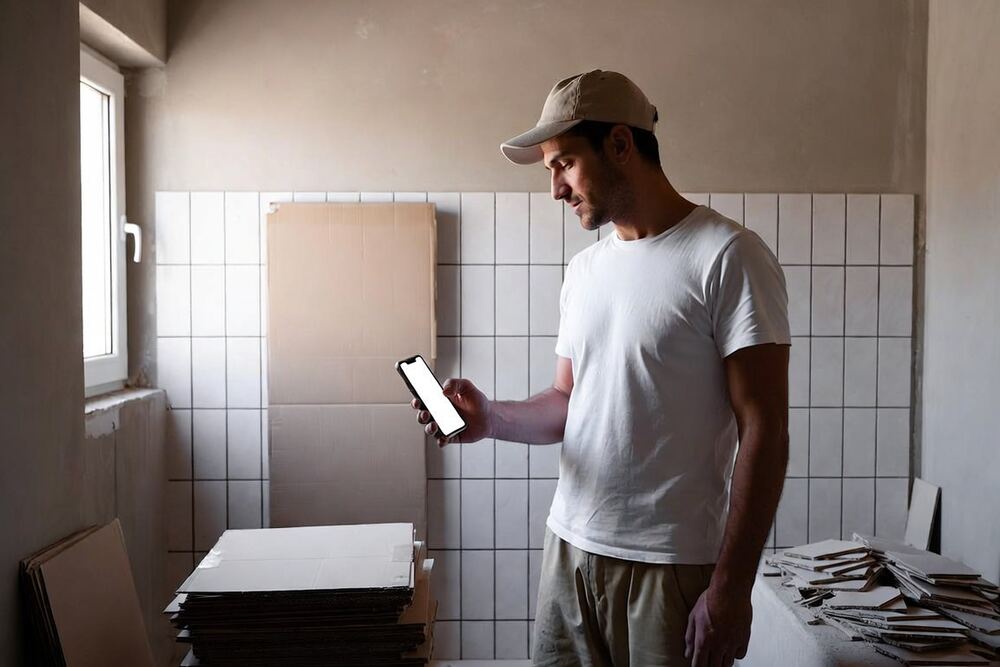 Un artisan consulte son téléphone dans une salle de bain en rénovation.