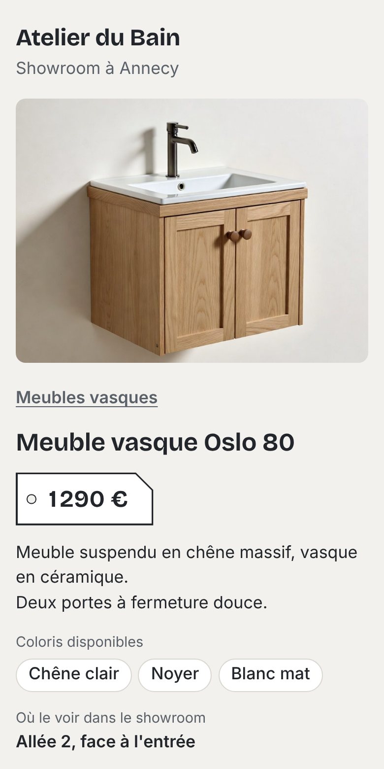 La fiche d'un meuble vasque vue par le visiteur : photo, prix, coloris et emplacement dans le showroom.