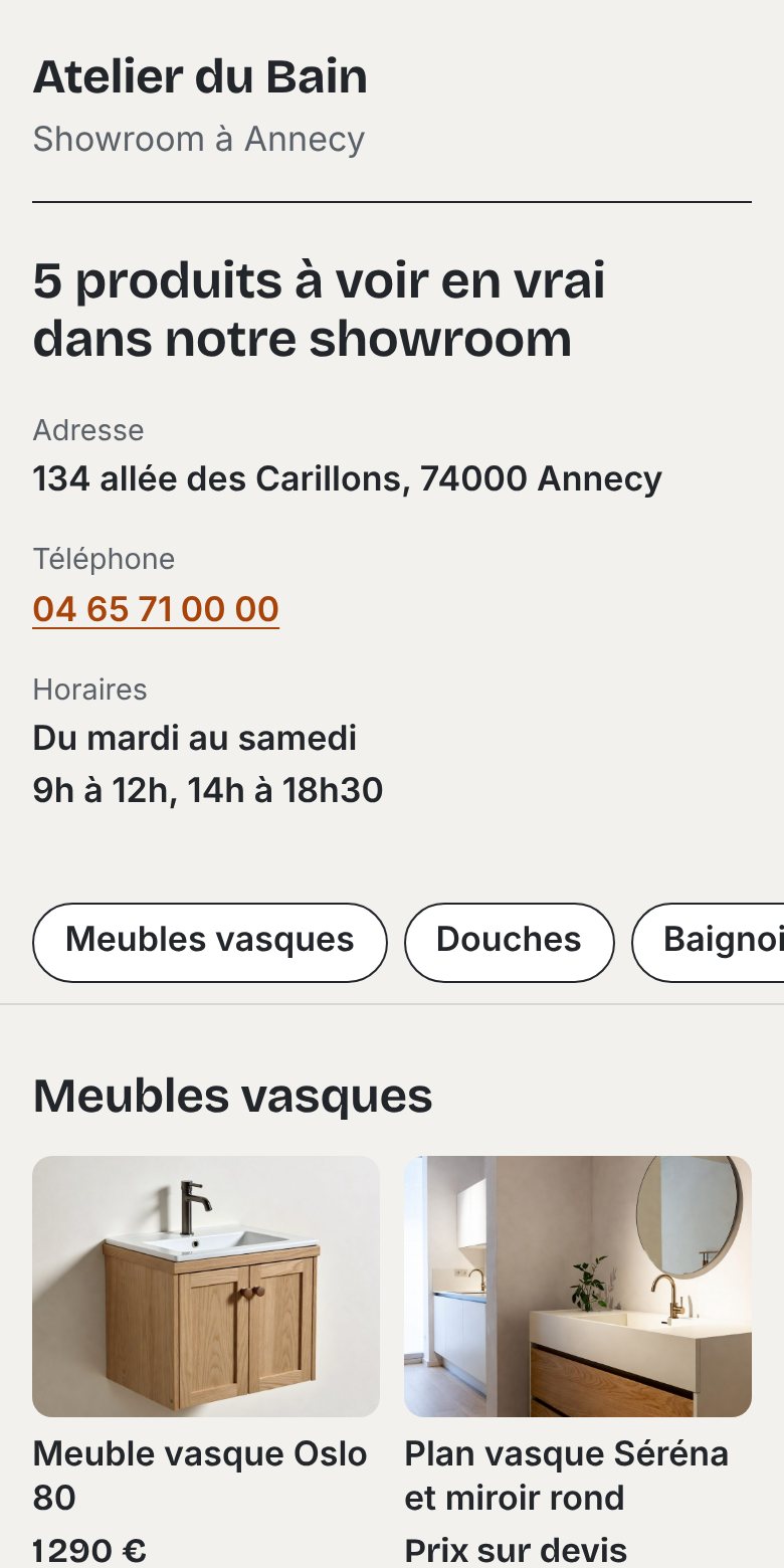 La vitrine en ligne d'un showroom : adresse, téléphone, horaires et produits classés par rayon.
