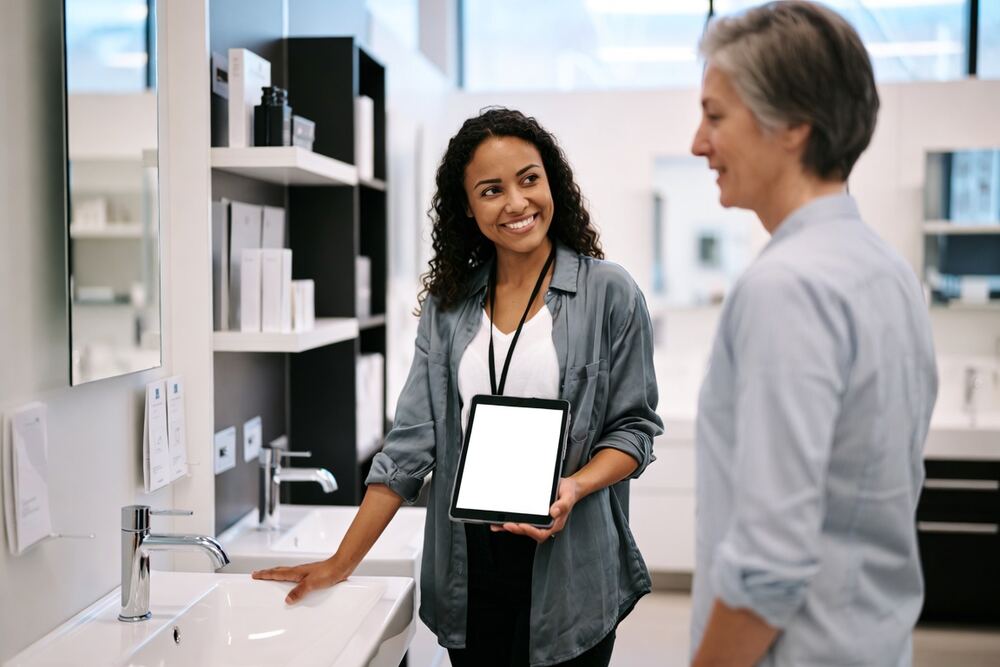 Une conseillère montre une tablette à une cliente près d'un meuble vasque.