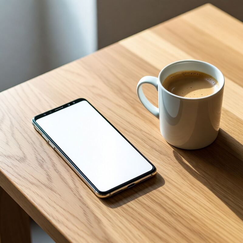Un téléphone posé sur une table en bois, à côté d'une tasse de café.