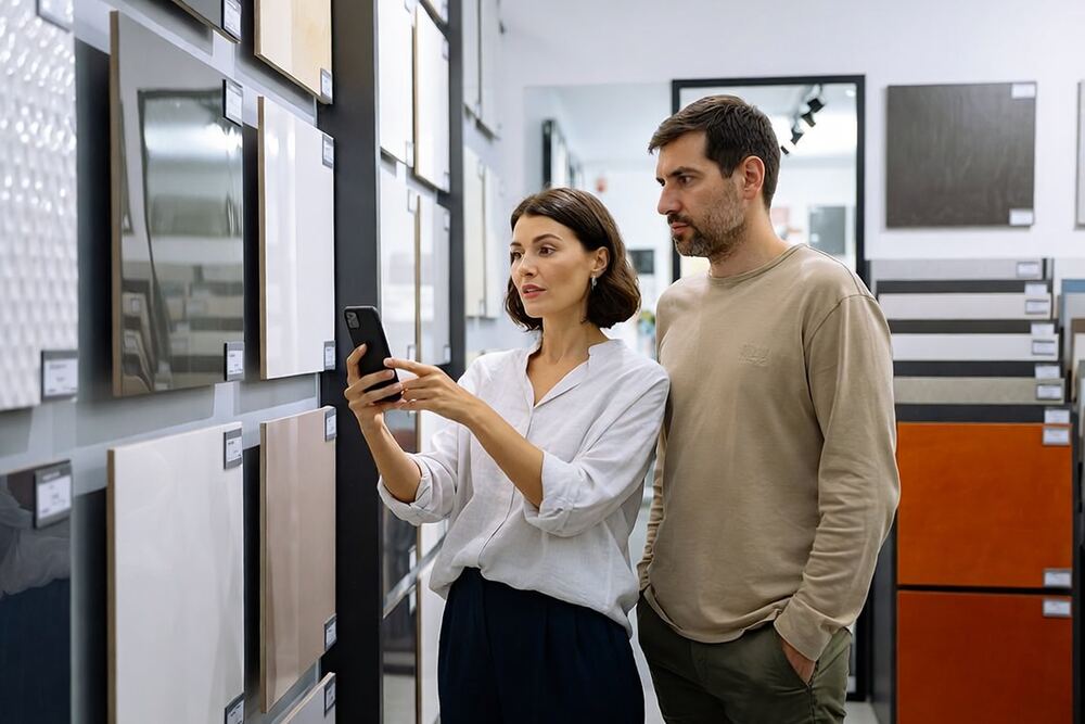 Un couple devant un mur de carrelages : elle pointe son téléphone vers l'étiquette d'un carreau.