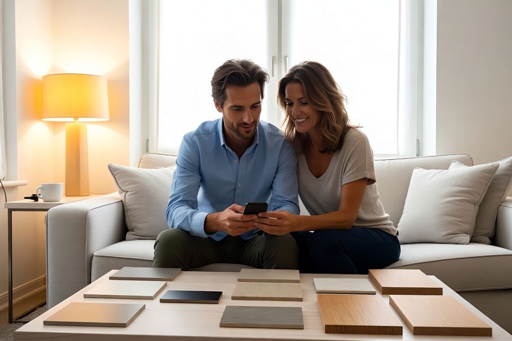 Un couple assis dans son salon regarde un téléphone, des échantillons posés sur la table basse.