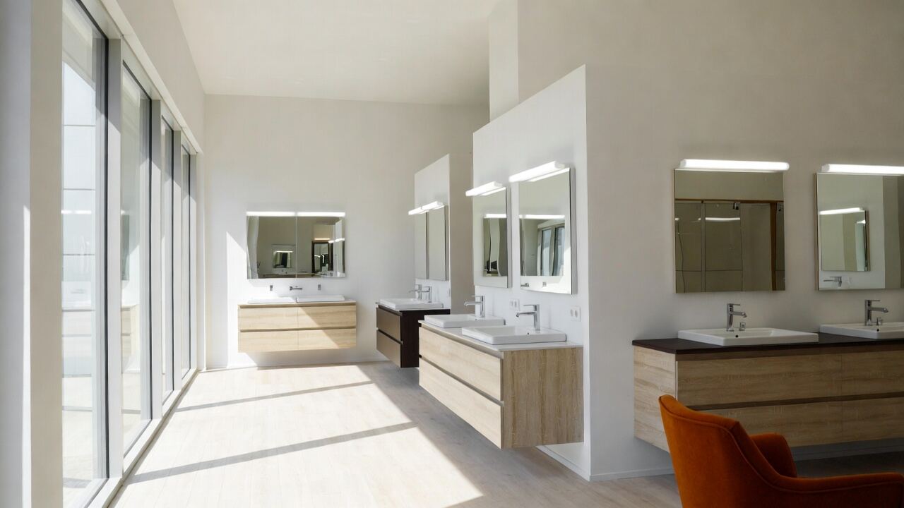 Un showroom de salles de bain lumineux, avec une rangée de meubles vasques exposés.
